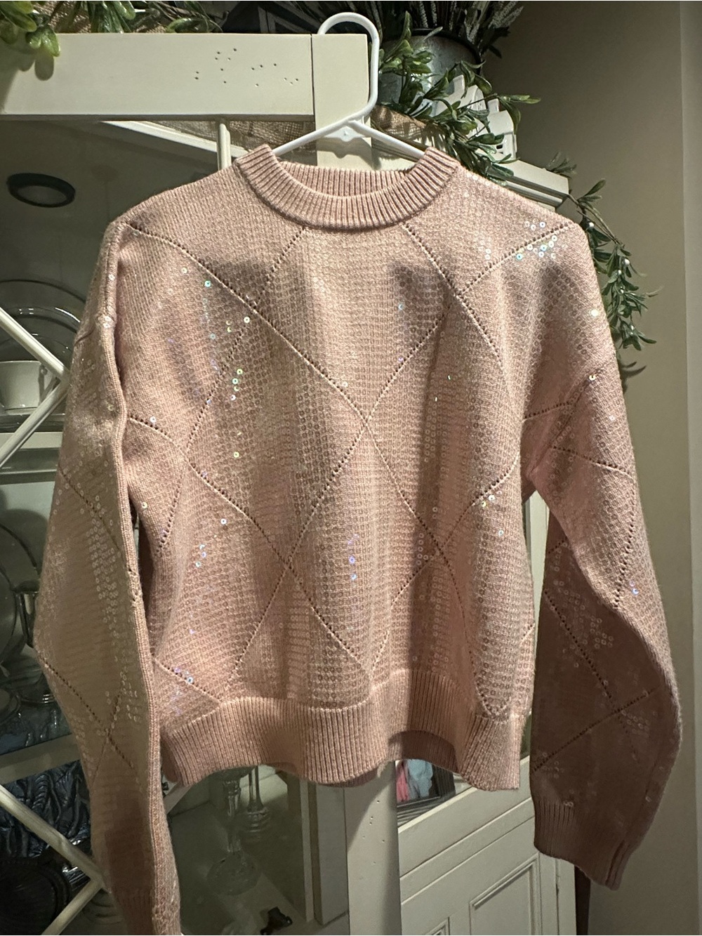THML Blush Pink Sequin Diamond-Pattern Crewneck Sweater